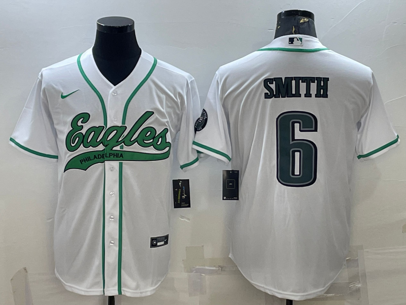 Men's White Philadelphia Eagles #6 DeVonta Smith With Patch Cool Base Stitched Baseball Jersey